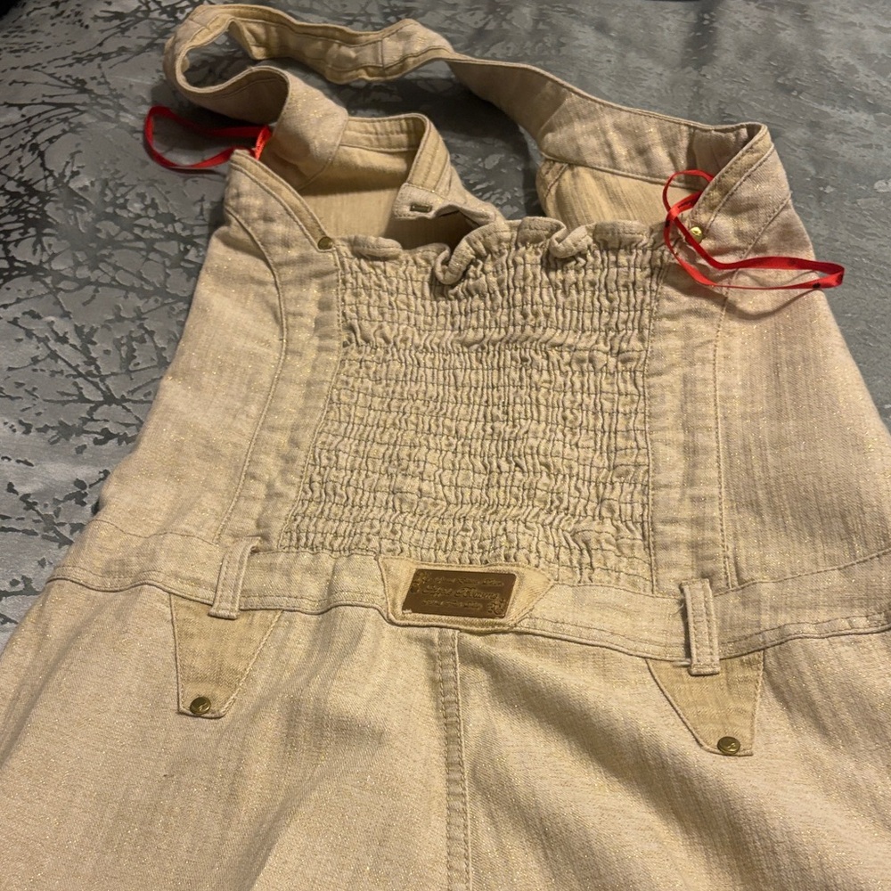 Beige Wide-Leg Denim Overalls - Picture 4 of 7